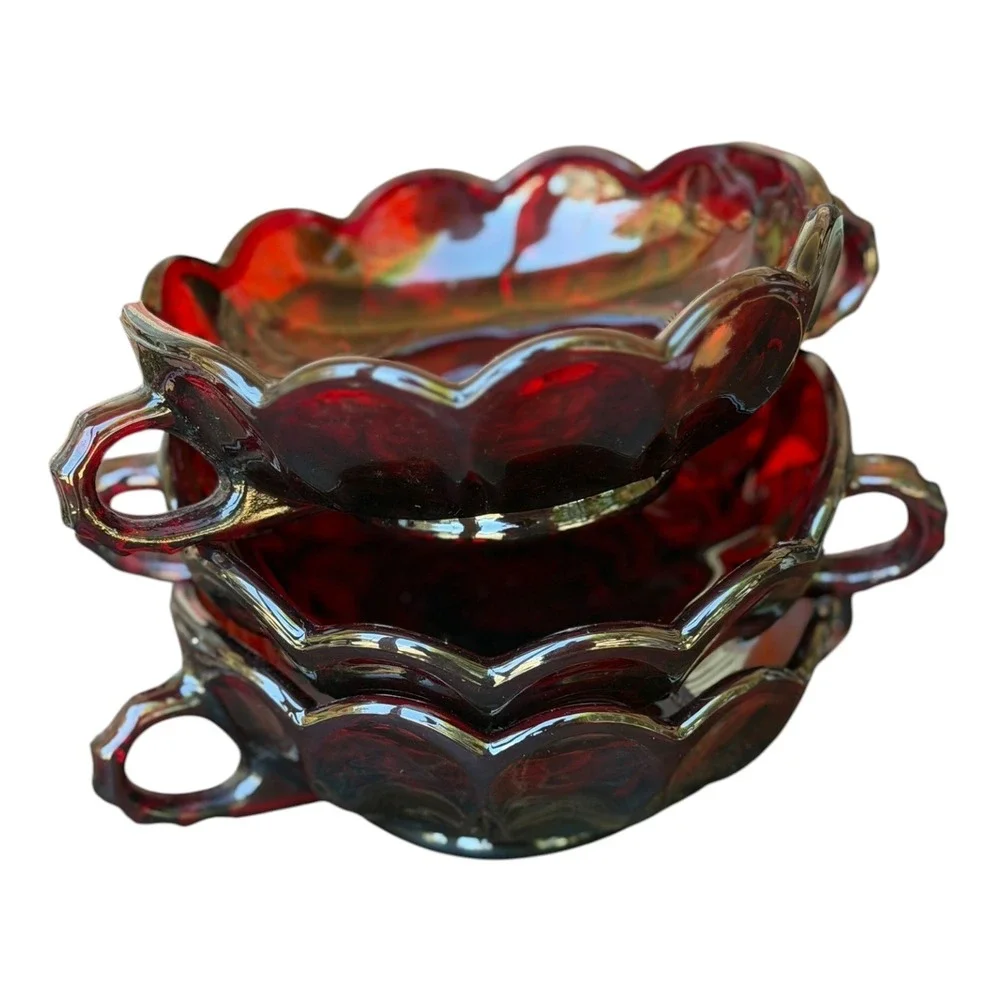 Vintage Ruby Red Glass Double Handled Nappy Bowls Set of 3 Scalloped Rim 5 in
